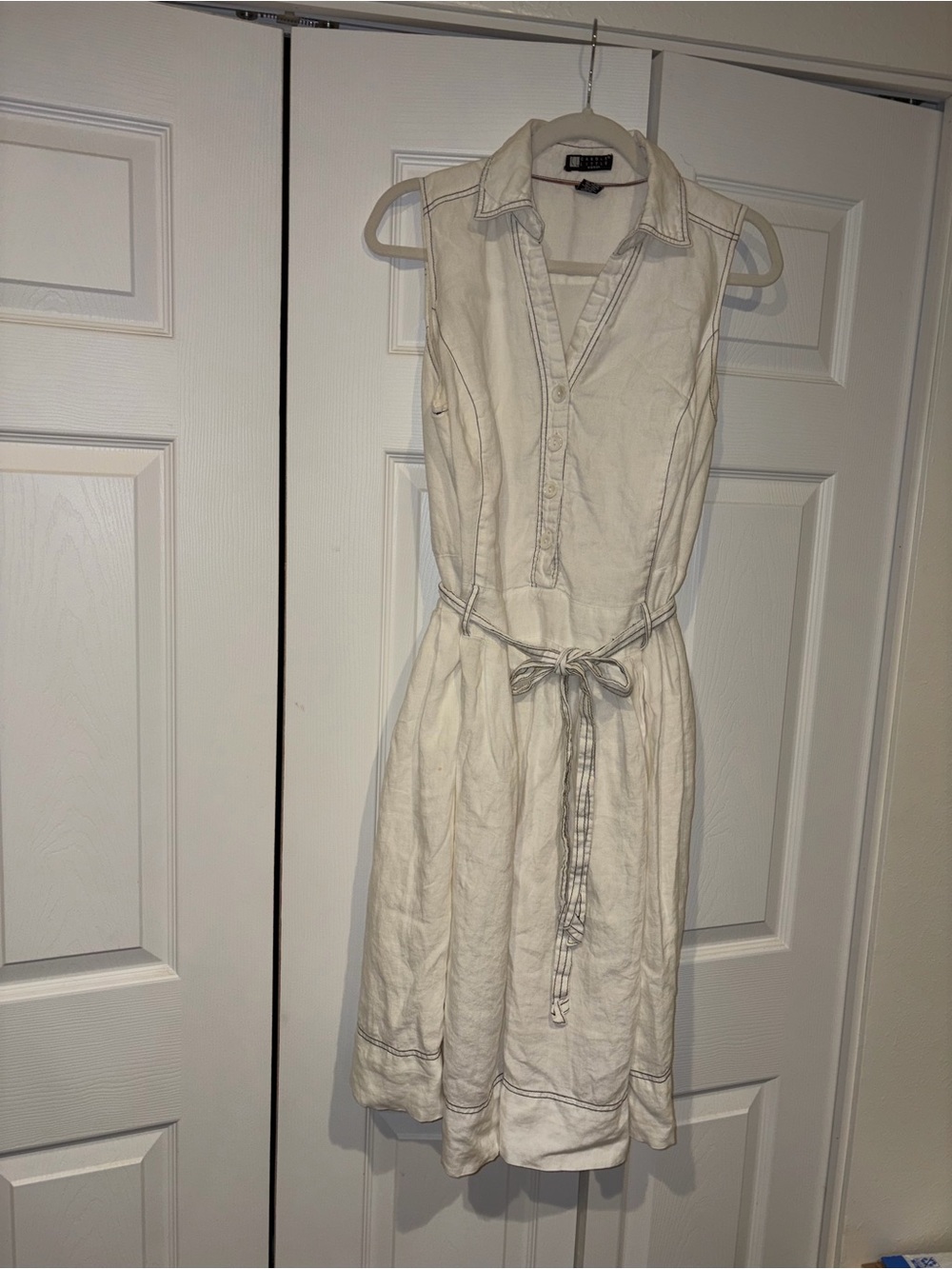 Carole Little Sleeveless Collared Linen Belted Dress - Cream/Ivory